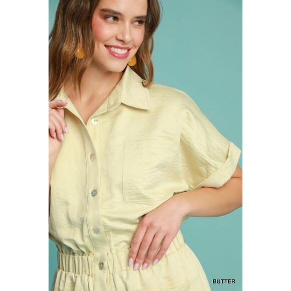 Umgee Button Down Side Pockets Short Sleeves Relaxed Charmeuse Romper | Butter - Picture 6 of 6